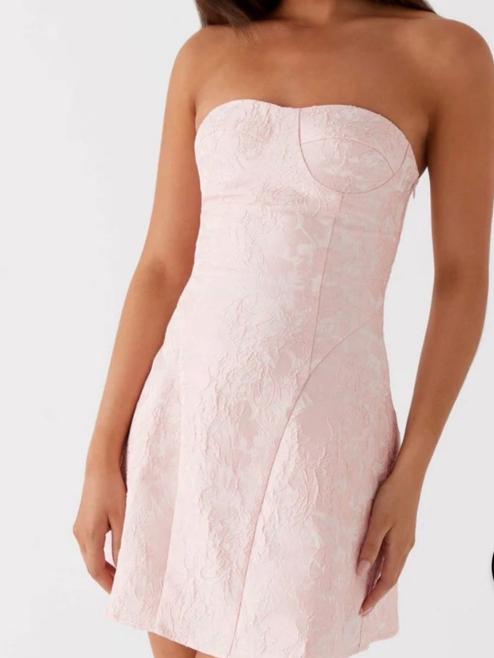 Peppermayo Strapless Blush Jacquard Midi Dress